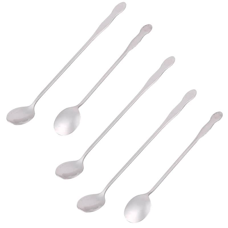 Long Handle Coffee Milk Sugar Dessert Stir Bar Spoon Scoop 5 Pcs - Silver Tone