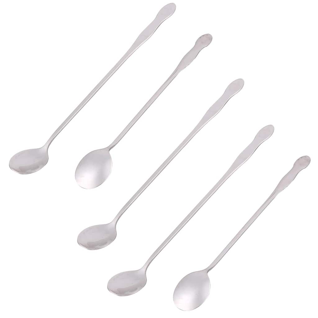 Long Handle Coffee Milk Sugar Dessert Stir Bar Spoon Scoop 5 Pcs - Silver Tone