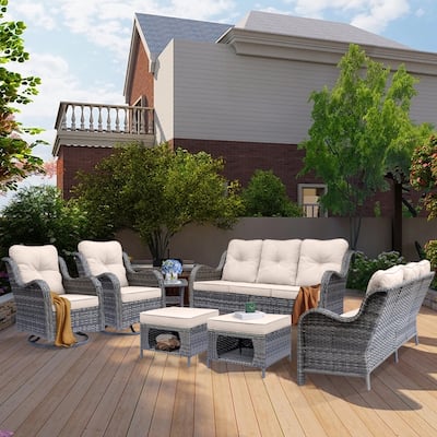 🏕️7-piece Rattan Patio Furniture Set Conversation Set with 360° High Back Swivel Chairs+Storage Ottoman, Cushions Included