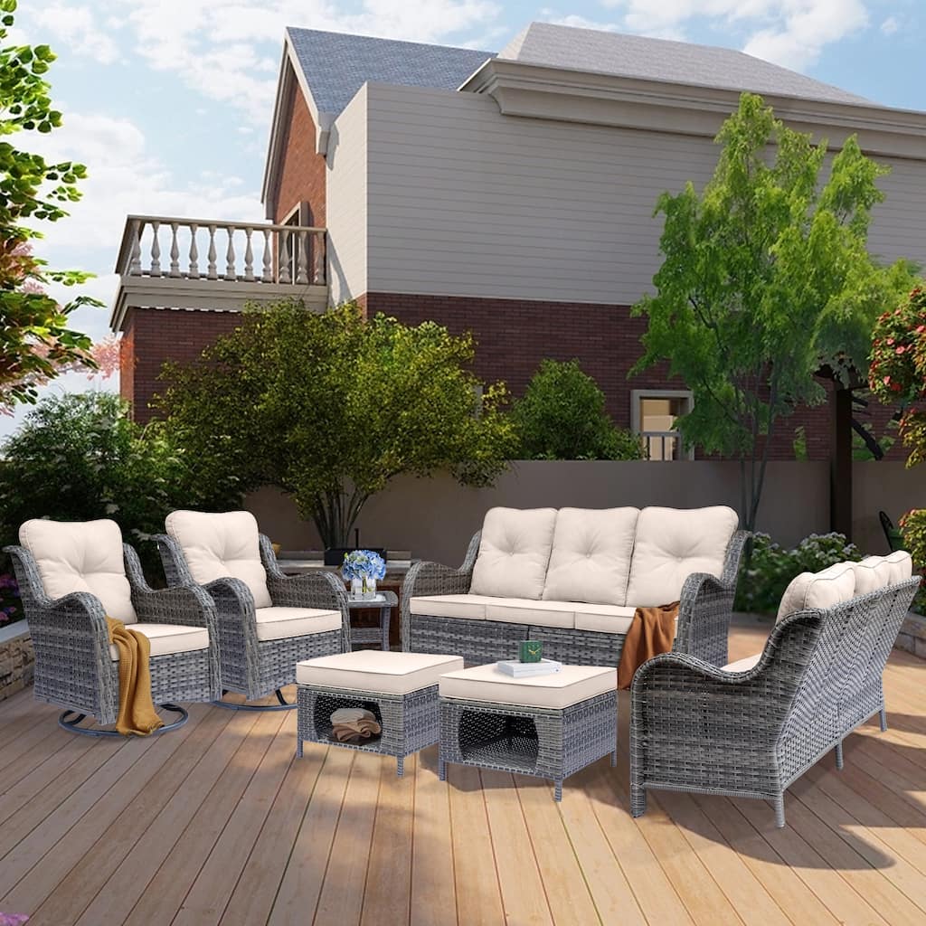 🏕️7-piece Rattan Patio Furniture Set Conversation Set with 360° High Back Swivel Chairs+Storage Ottoman, Cushions Included