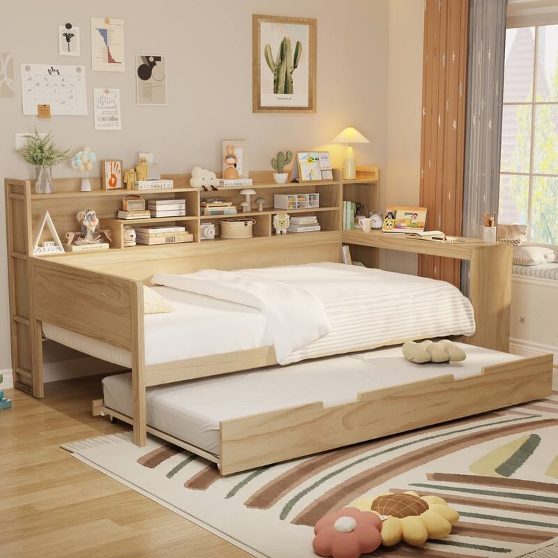 Wooden Daybed with Storage Shelves, Multi-functional Bed with Twin Size Trundle Bed and Study Desk