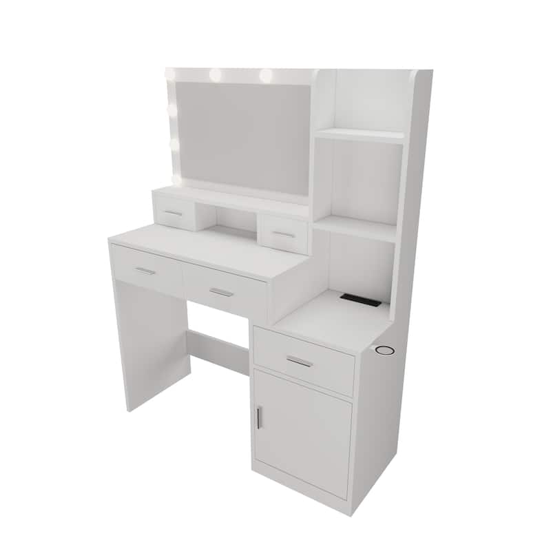 Vanity Desk with 3 Colors Lighting Mirror, Maekup Vanity Table Dressing Table with Storage Drawers and Shelves, LED Makeup Desk