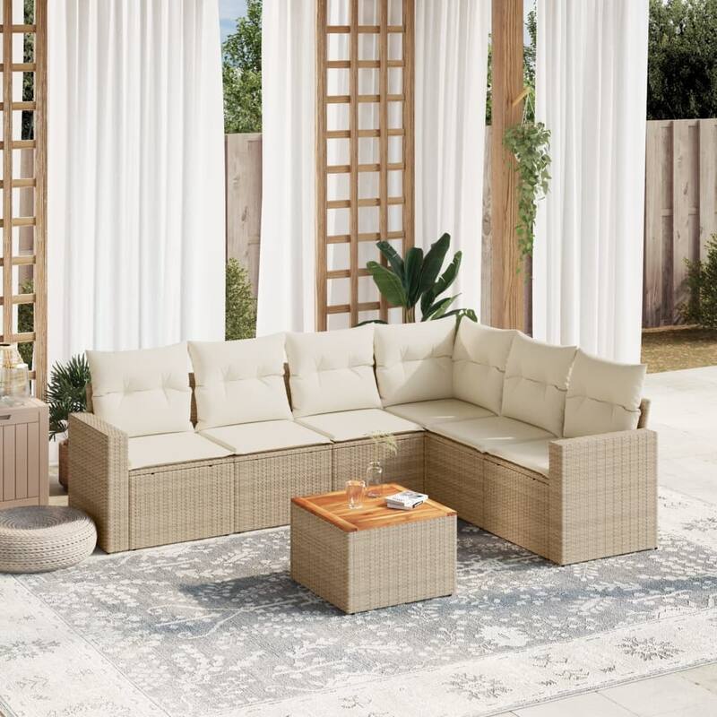 vidaXL Patio Sofa Set with Cushions Outdoor Furniture 7 Piece Poly Rattan - 21.7 x 21.7 x 14.6 - Beige-corner+Table+3x middle