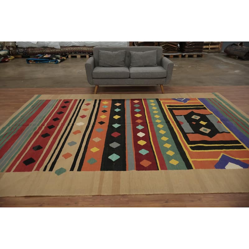 Hand Woven Oriental 100% Wool Carpet Southwestern Modern Multi-Colored Kilim Area Rug - 12' 0'' X 8' 9''