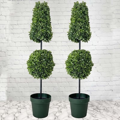Artificial Boxwood Leave Double Ball Shaped Topiary Plant Tree in Plastic Pot - N/A