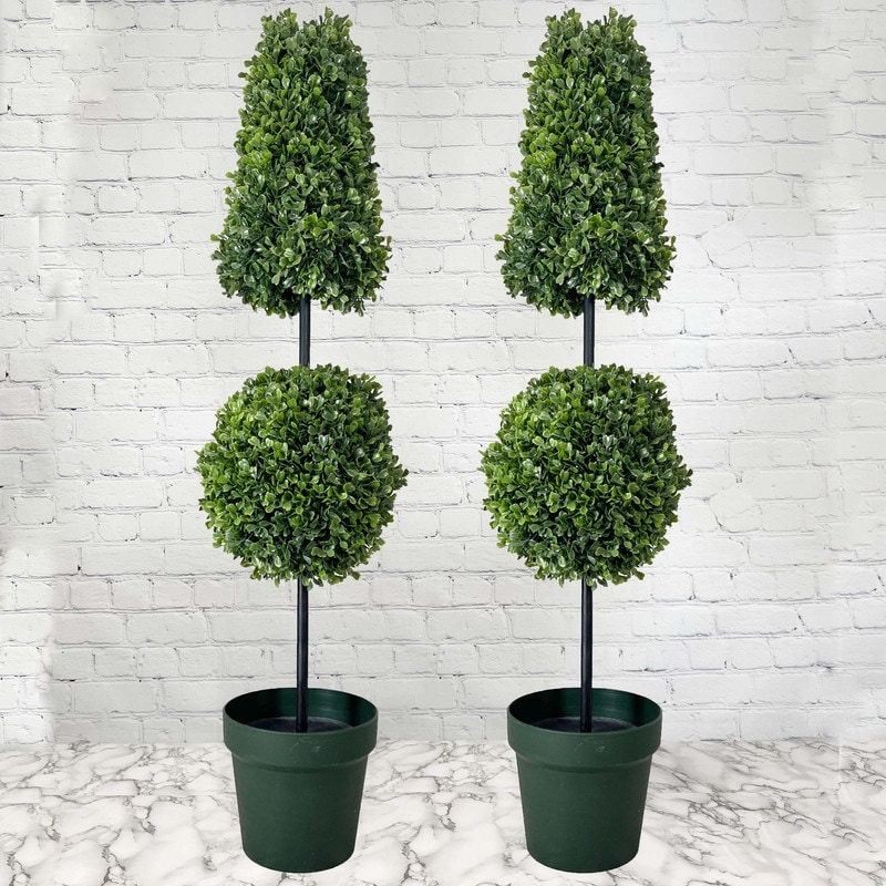 Artificial Boxwood Leave Double Ball Shaped Topiary Plant Tree in Plastic Pot
