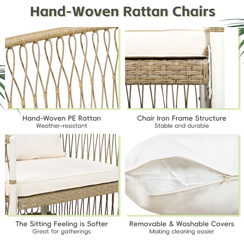 Roomfitters 7-Piece Patio Dining Set, Rectangular Outdoor Table with 6 White Rope Weave Armchairs & Cushions, Natural