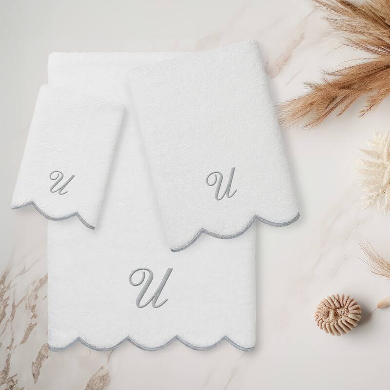 Authentic Hotel and Spa 100% Turkish Cotton Grey ADORNIA Scallop Personalized 3 Piece Towel Set - 3 Piece Set