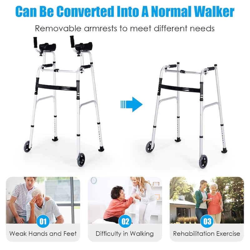Costway Folding Wheel Walking Frame Adjustable Alloy Walker W/Armrest - See Details