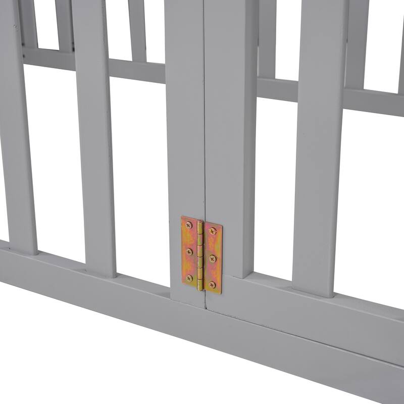 Twin Size Wood Floor Bed Frame with Fence and Door,Natural