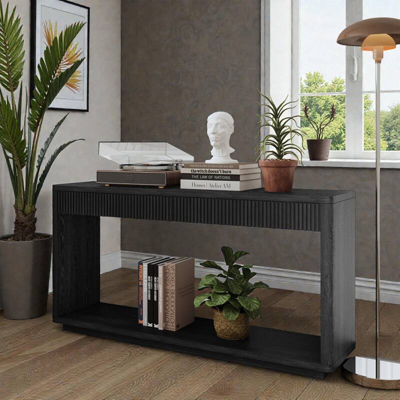 60" Modern Fluted Console Table with 2 Drawers, Natural Wood Veneer Sofa Table for Living Room Hallway Entryway