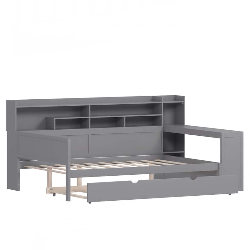 Wooden Full Size Daybed with Storage Shelves, Multi-functional Bed with Twin Size Trundle Bed