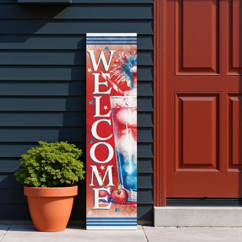 HomeRoots 36" Red White And Blue Solid Wood Welcome Porch Sign - White/Blue/Red - Wood