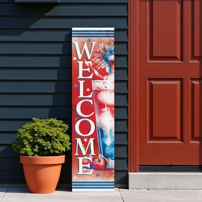 HomeRoots 36" Red White And Blue Solid Wood Welcome Porch Sign
