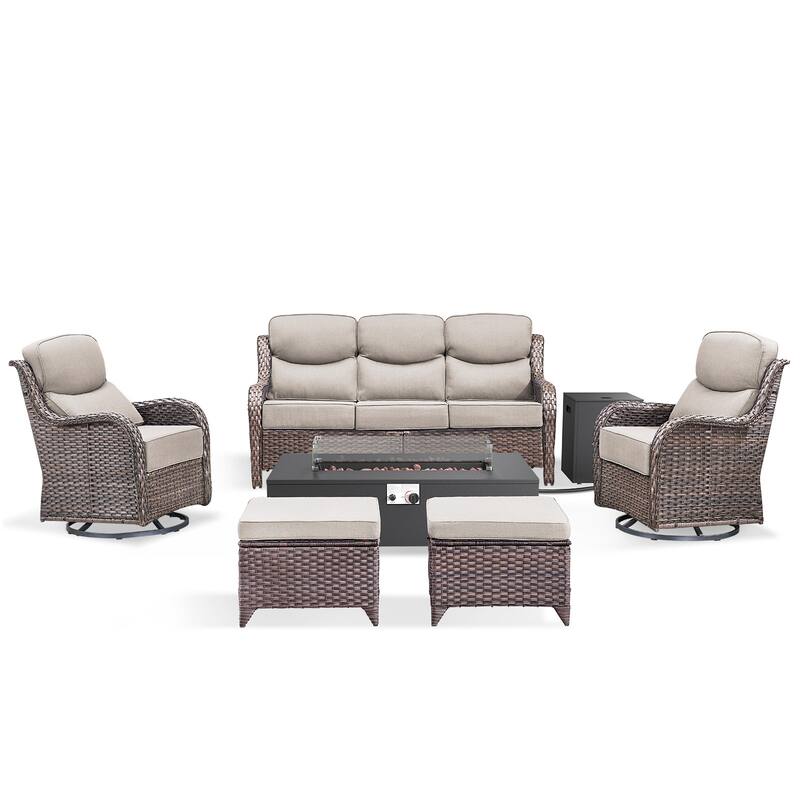 Pocassy 43 In Fire Pit w/ Outdoor Sofa Swivel Chair Ottoman Set