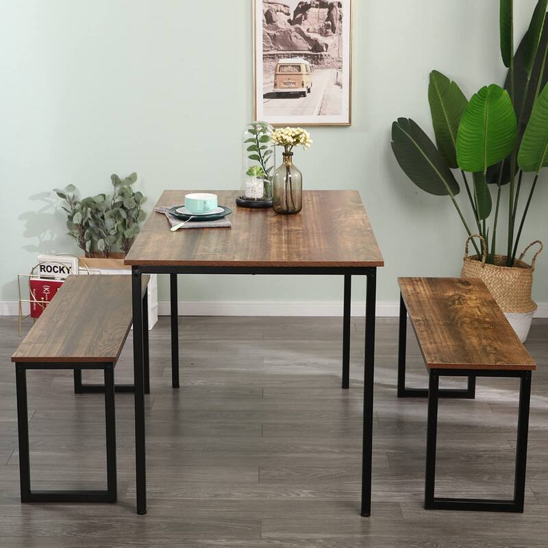 3 PCS Dining Table Set for 4 with 2 Benches, Soho Dining Table and Chairs Set, Kitchen Table and Chairs Breakfast Table Set