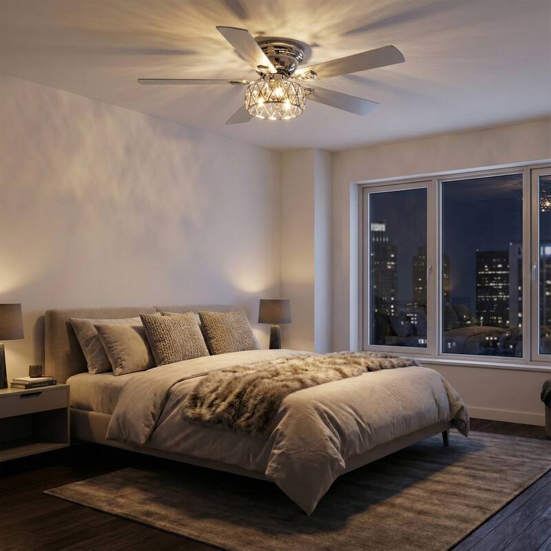 52" Flush Mount 5-Blade Modern Crystal Indoor Ceiling Fan with Light Kit and Remote
