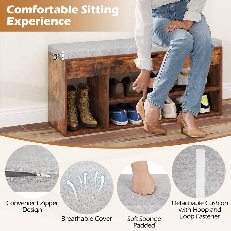 Engineered Wood Shoe Bench with Cushion and Storage Shelves - 41" x 12" x 20.5" (L x W x H)