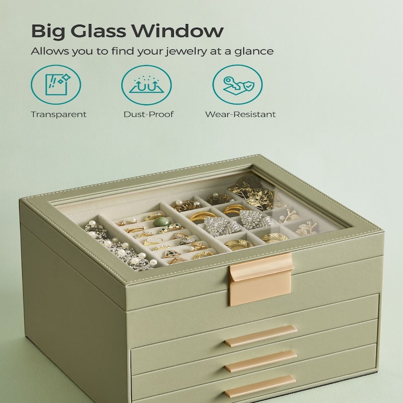 Modern Jewelry Organizer with Multiple Drawers Glass Top and Velvet Interior for Storage