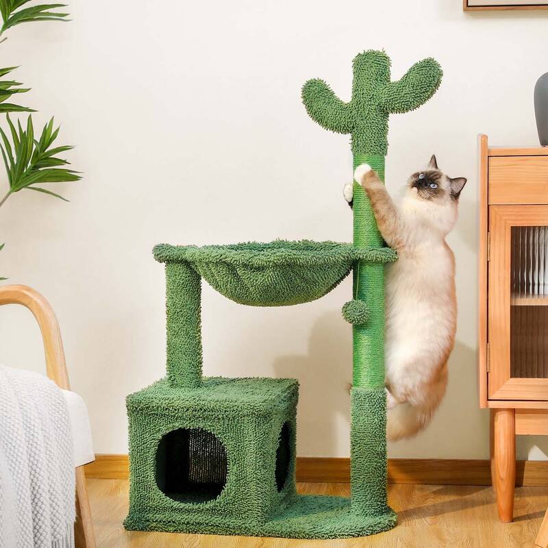 Cactus Cat Tree Condo with Hammock Perch, Cat Sisal Scratching Post - Green