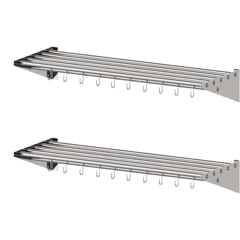 2 Pack Stainless Steel Hanging Rack with Hooks - Silver