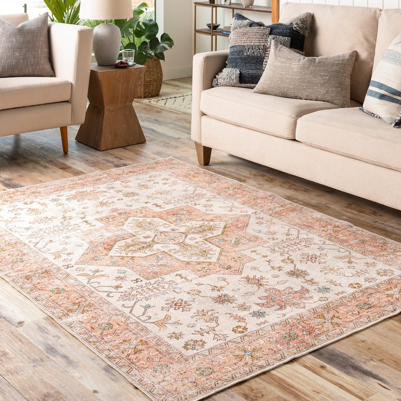 Livabliss Muirgen Traditional Medallion Machine Washable Area Rug - Beige - 7' 6" x 9' 6"