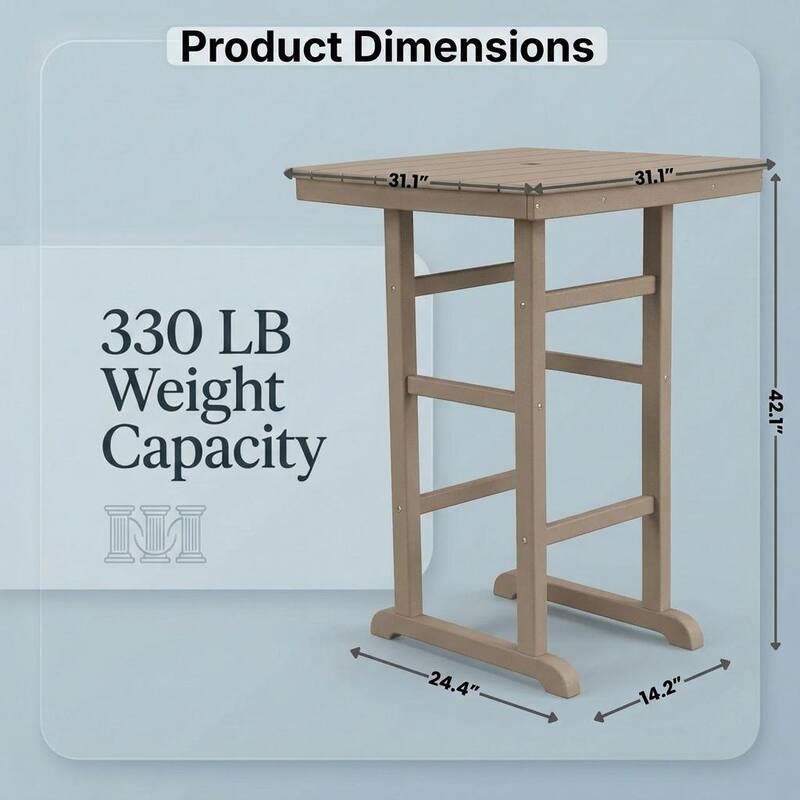 HDPE Bar-Height Outdoor Patio Pub Table, 42.1" Square High Top Bistro Table with Umbrella Hole, Weather-Resistant Slatted Top