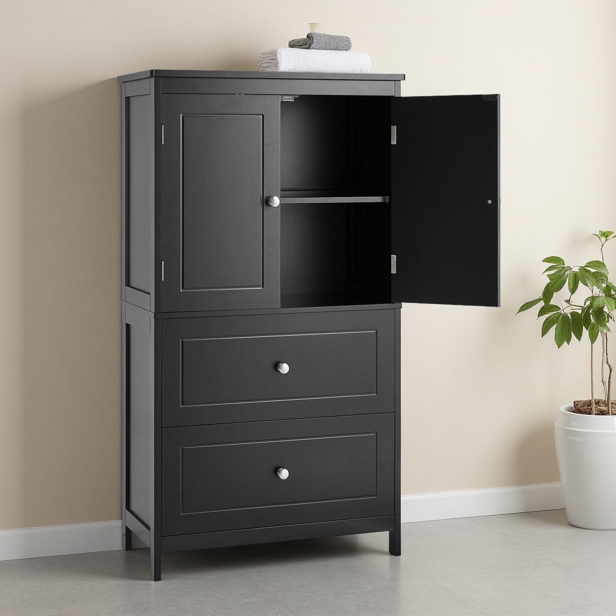 43"H Bathroom Storage Cabinet, Cabinet with Two Doors and Drawers, Adjustable Shelf, MDF Board