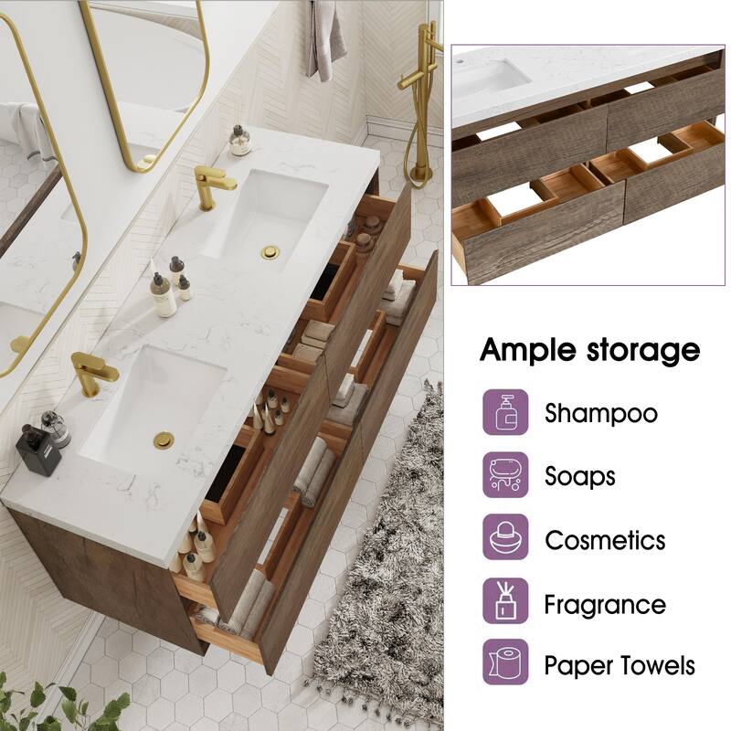 Sylphar 60 inch Bathroom Vanity with Sink, Floating Oak Cabinet with Stone Top