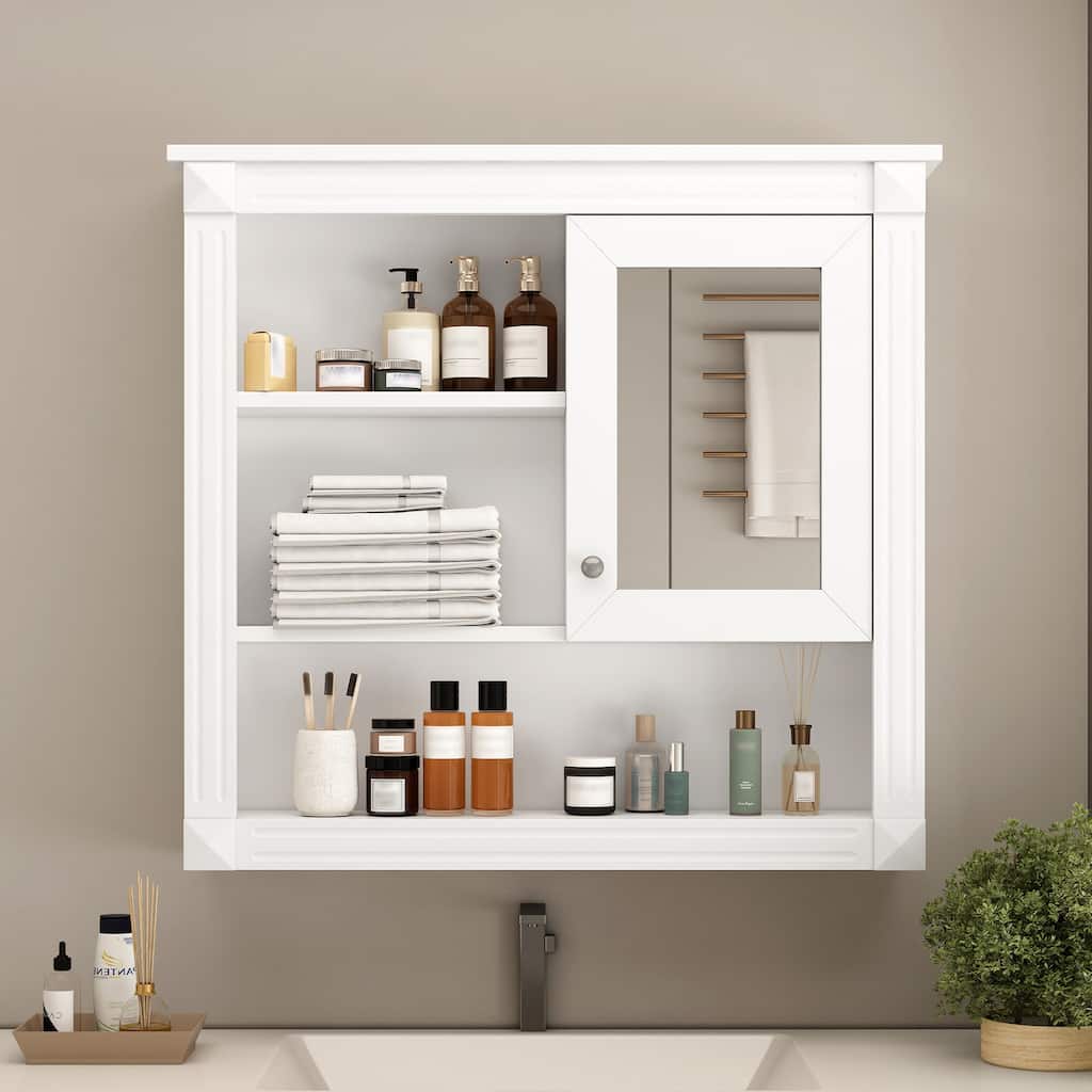 Modern 32'' Wall Mounted Medicine Cabinet for Bathroom with High-definition Mirror, Open Shelves and Adjustable Shelf