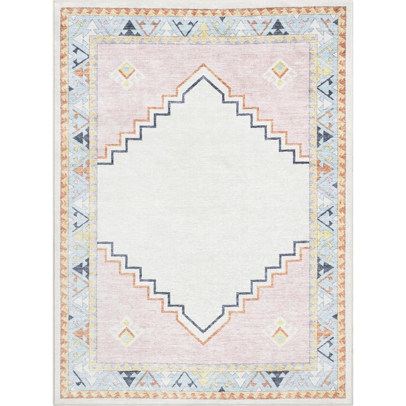 Well Woven Kids Rugs Ethnic Soft Medallion Machine Washable Area Rug - 5' x 7' - Pink Beige - Rectangle