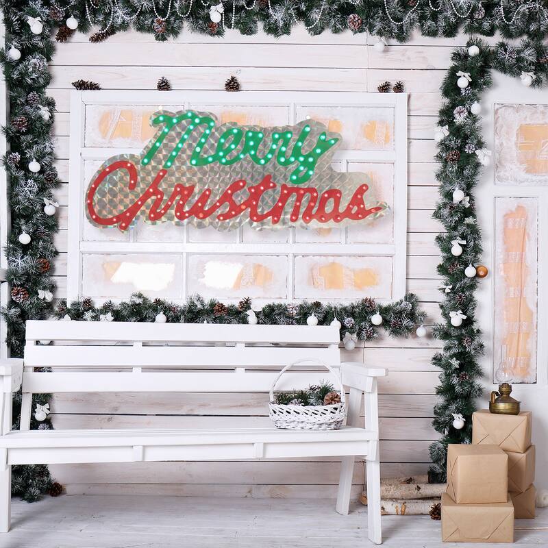 LED Lighted Holographic Merry Christmas Sign Outdoor Decoration - 42" - Multi Lights - Red