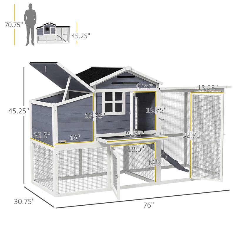 PawHut 76" Wooden Chicken Coop with Outdoor Run, Nesting Box, Tray, Door