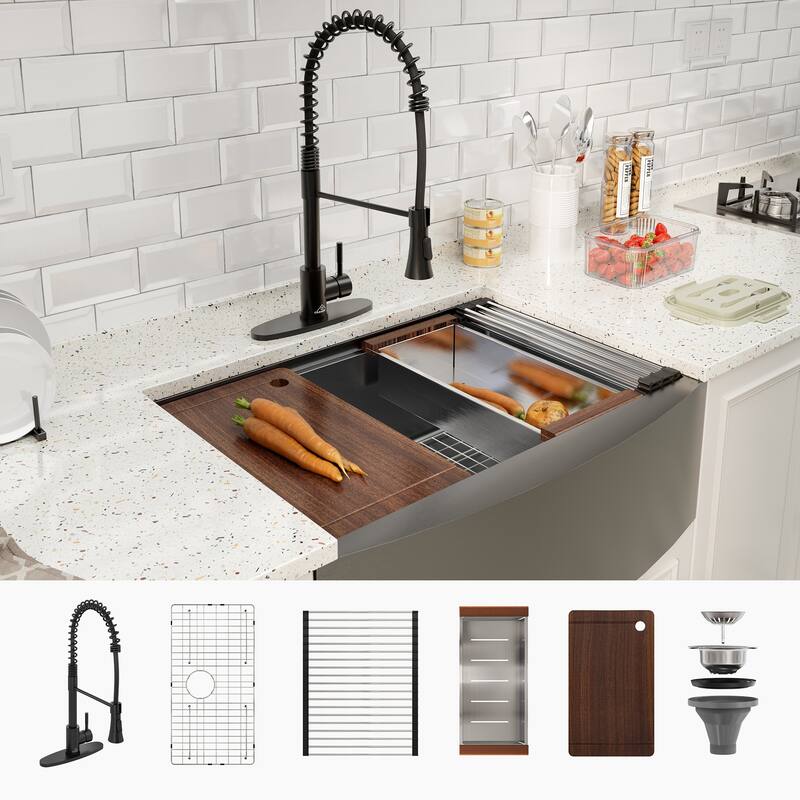 Farmhouse/Apron-Front Nano PVD Gunmetal Black Stainless Steel Workstation Kitchen Sink with 2-Function Faucet and Accessories