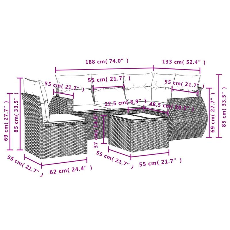 vidaXL 6 Piece Patio Sofa Set with Cushions Gray Poly Rattan - 73.7x27.2x73.7