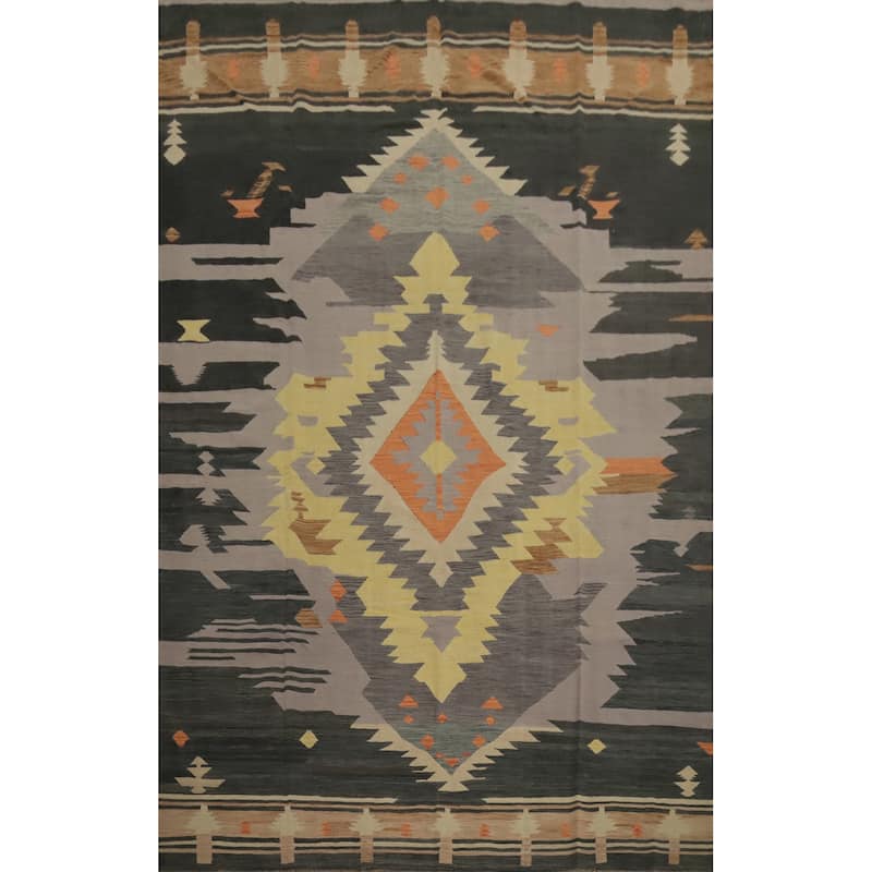 Hand Woven Oriental 100% Wool Carpet Southwestern Tribal Greys & Charcoal Kilim Area Rug - 12' 4'' X 8' 6''