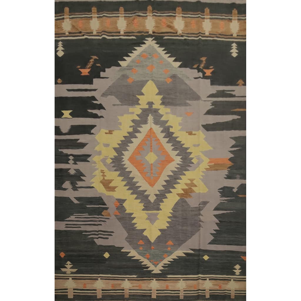 Hand Woven Oriental 100% Wool Carpet Southwestern Tribal Greys & Charcoal Kilim Area Rug - 12' 4'' X 8' 6''