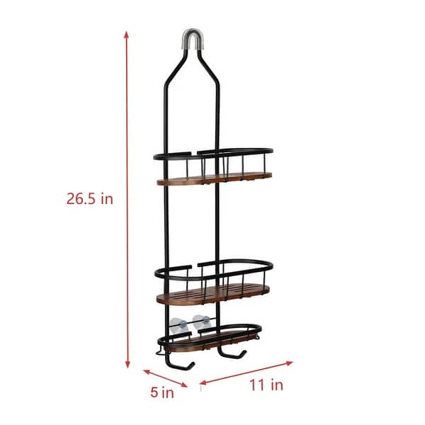 dimension image slide 3 of 4, Utopia Alley Tia Rustproof Teak Overhead Shower Caddy with 3 Shelves, Hanging Shower Head Organizer, Black & Chrome Finish