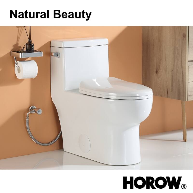 HOROW 1-Piece 1.28 GPF Compact Elongated Toilet in White with Comfort Height and Soft-Close Seat Included - N/A