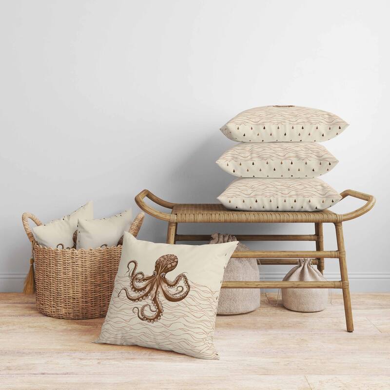 Oceanic Octo Art Faux Suede Reversible Throw Pillow Cream and Coffee