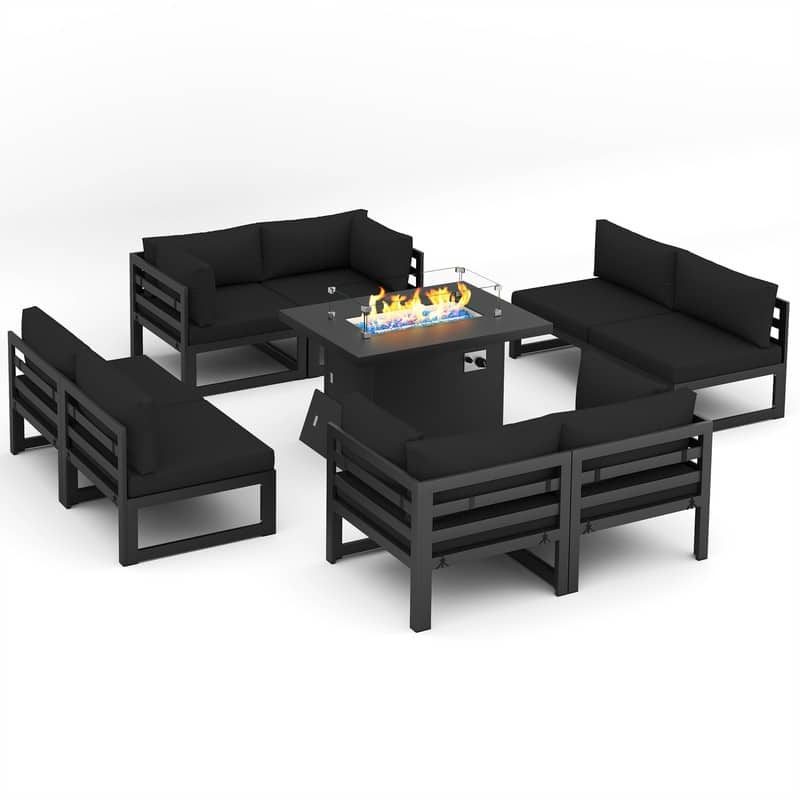 FINCATI 9 Piece Extra-large Outdoor Furniture Aluminum Patio Set with Propane/Natural Gas Firepit Table