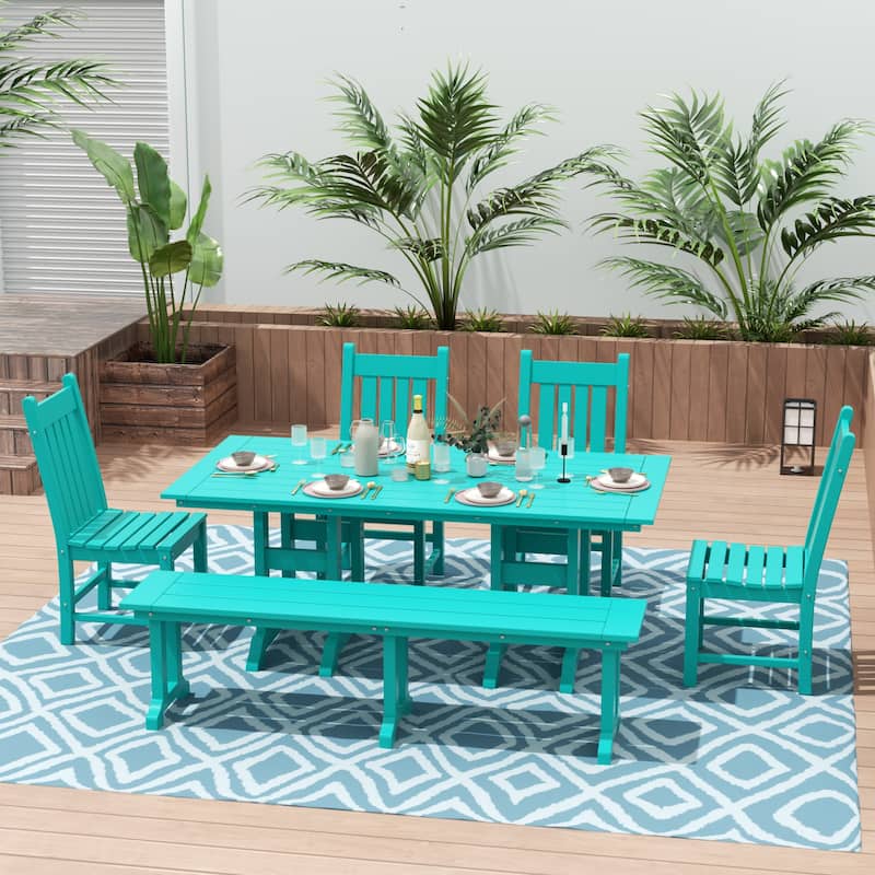 Laguna Hdpe All Weather Outdoor Patio Dining Set with Rectangle Table, Side Chairs, and Bench (6-Piece Set) - Turquoise