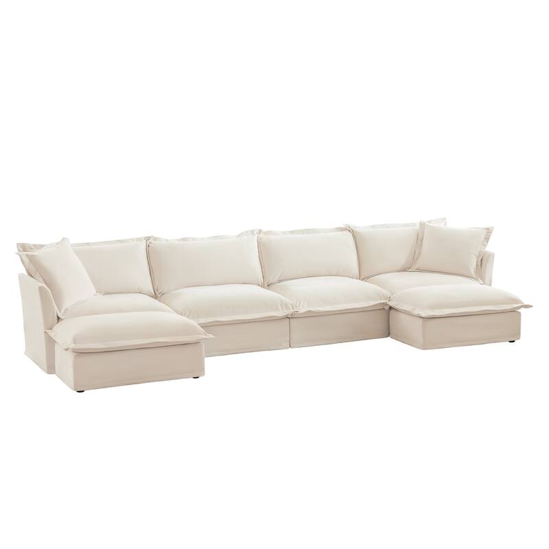 156.6" Chenille U-Shaped Sectional with 4-Seater and French Edge Pillows & Cloud Cushions