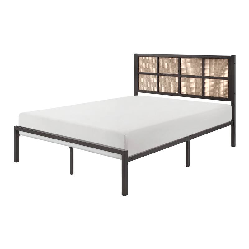 Annie Queen Platform Bed, Framed Faux Cane Panel Headboard, Dark Bronze