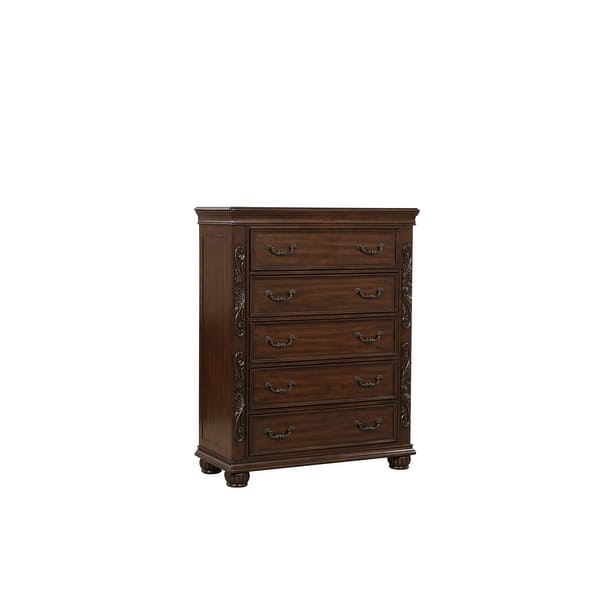 Akil 54 Inch Tall Dresser with 5 Drawers, Floral Carved Cherry Brown