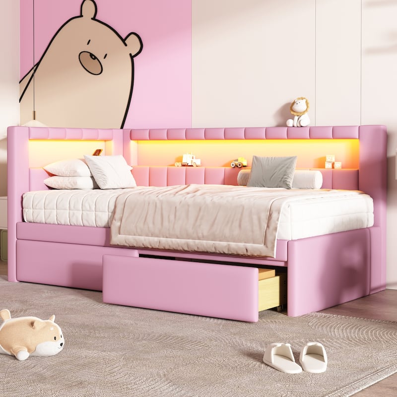Upholstered Twin Size Platform Bed with USB Ports, LED Belt & 2 Drawers, Pink