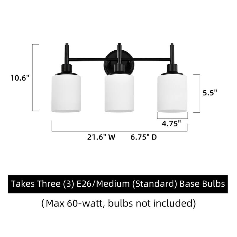 21 in. 3-Light Matte Black Finish Vanity Light with White Glass Shades - 21.6 in. L x 6.75 in. W x 10.6 in. H