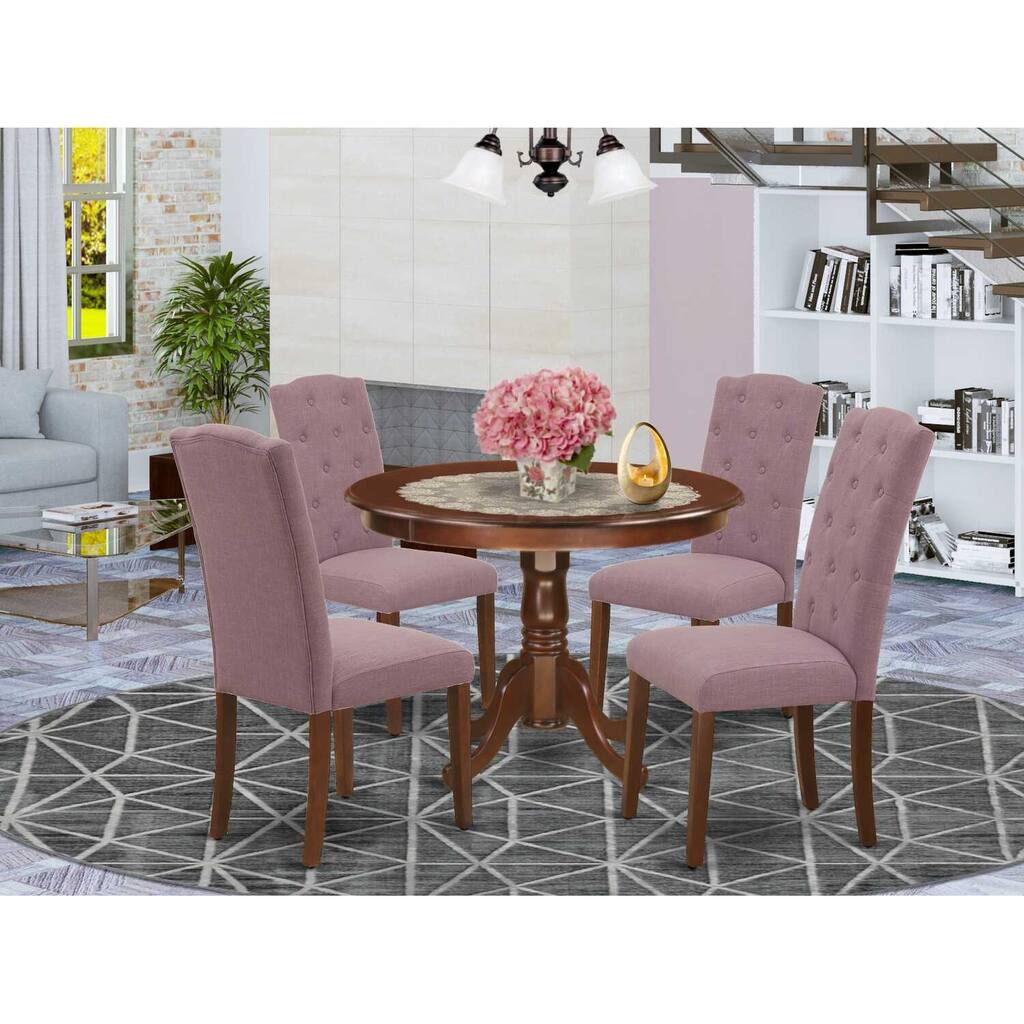 HomeStock 5-Piece Round Mahogany Finish Solid Wood Top Dining Table with 4-Parson Chair with Lattice Back