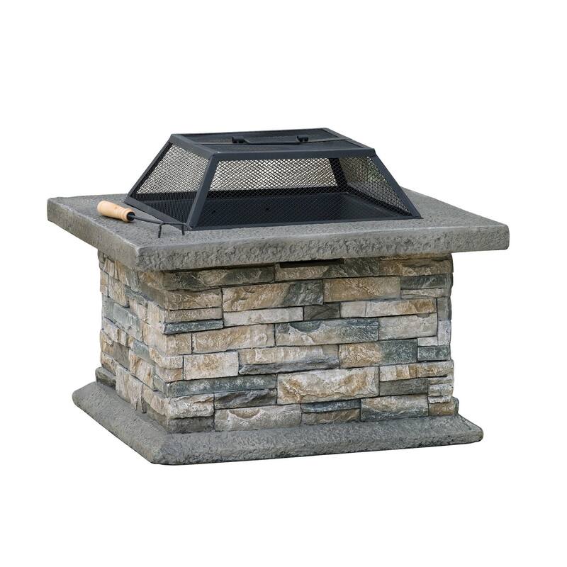 29 in. W x 17.1 in. H Stone Square Wood-Burning Outdoor Fire Pit in Gray