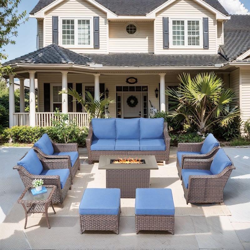 Outdoor Fire Pit Table with Sofa Funiture - Brown Wicker / Blue Cushion - 9-Piece Sofa Chair with Fire Table